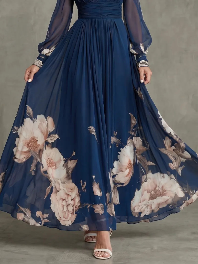 Women's Elegant Floral Maxi Wedding Guest Dress with Puff Sleeve