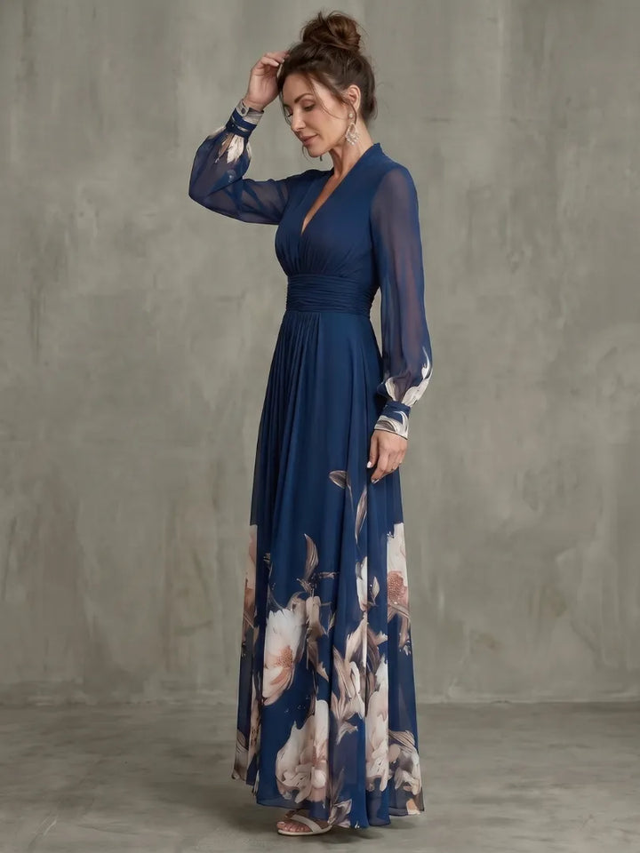 Women's Elegant Floral Maxi Wedding Guest Dress with Puff Sleeve
