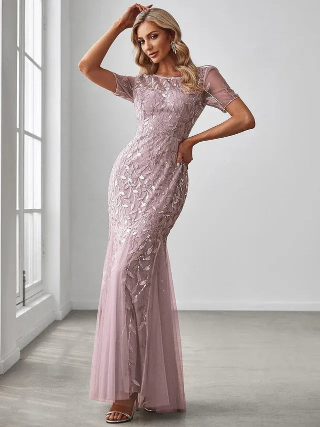 Women's Elegant Floral Maxi Wedding Guest Dress with Short Sleeve