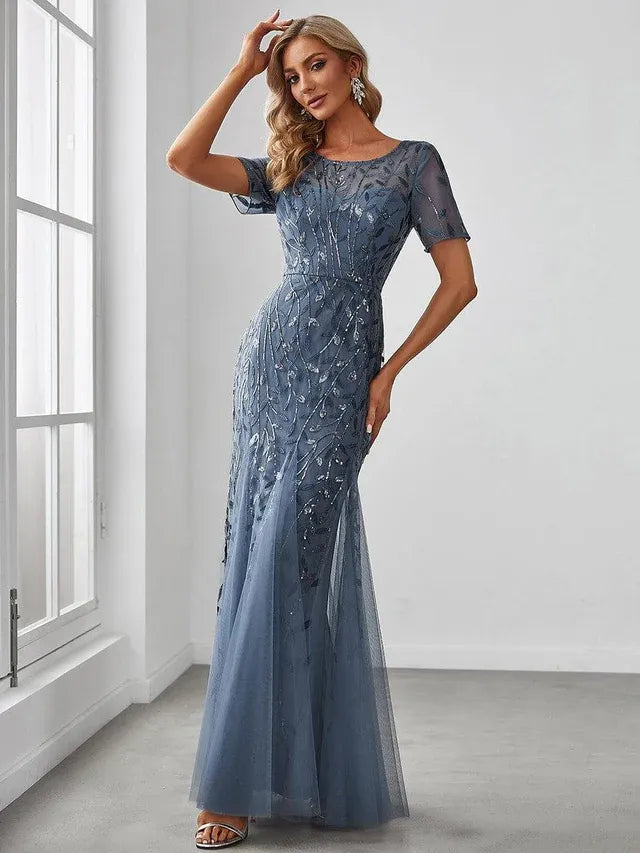 Women's Elegant Floral Maxi Wedding Guest Dress with Short Sleeve