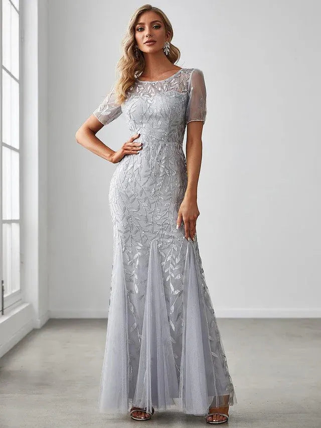 Women's Elegant Floral Maxi Wedding Guest Dress with Short Sleeve