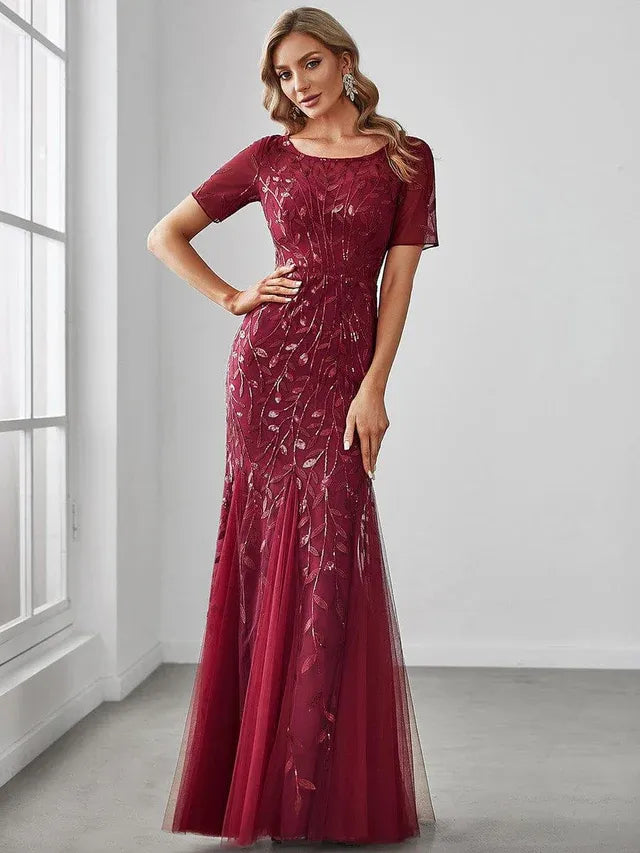 Women's Elegant Floral Maxi Wedding Guest Dress with Short Sleeve