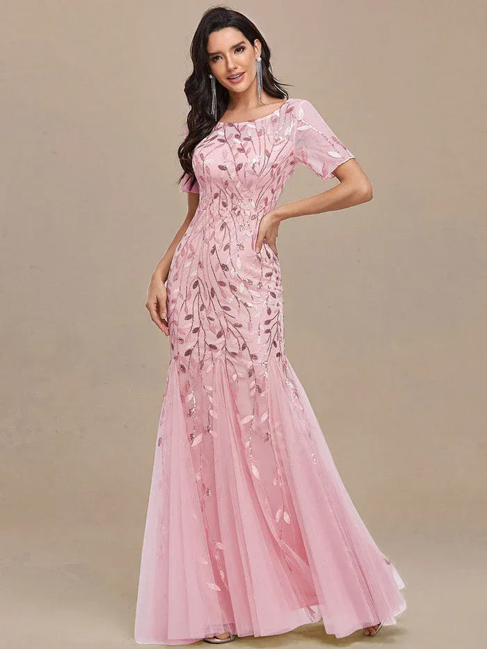 Women's Elegant Floral Maxi Wedding Guest Dress with Short Sleeve