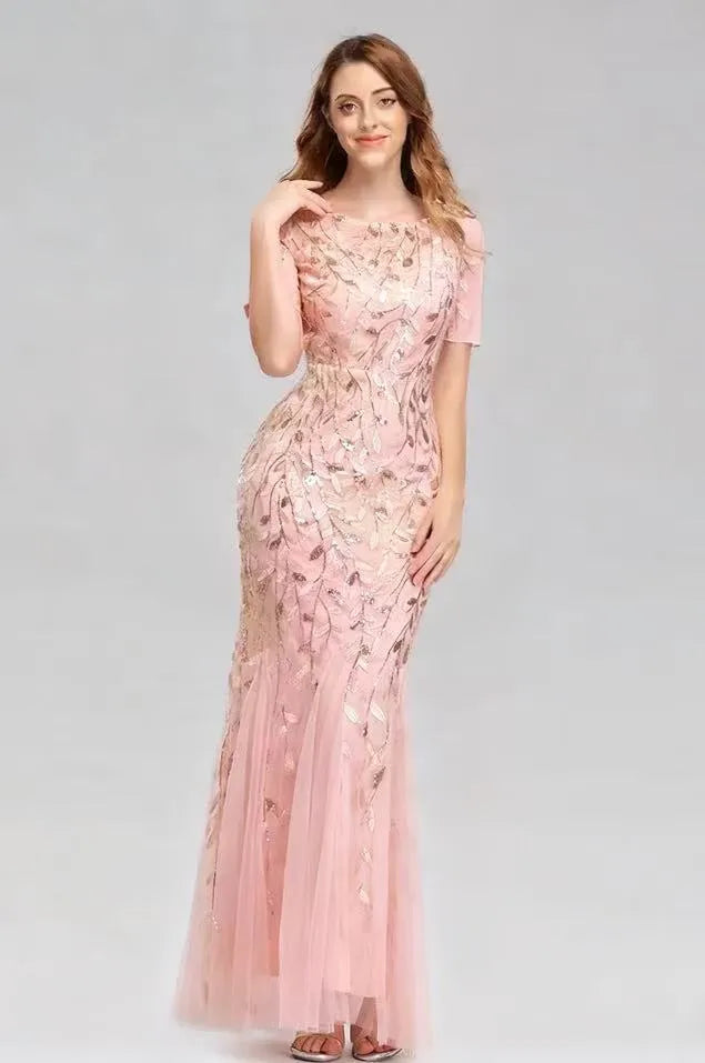 Women's Elegant Floral Maxi Wedding Guest Dress with Short Sleeve