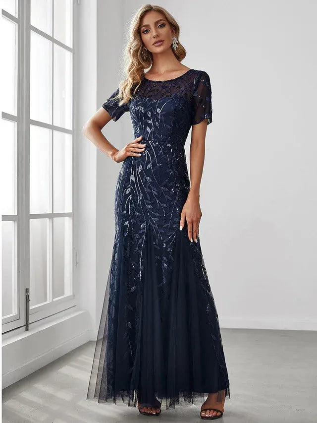 Women's Elegant Floral Maxi Wedding Guest Dress with Short Sleeve