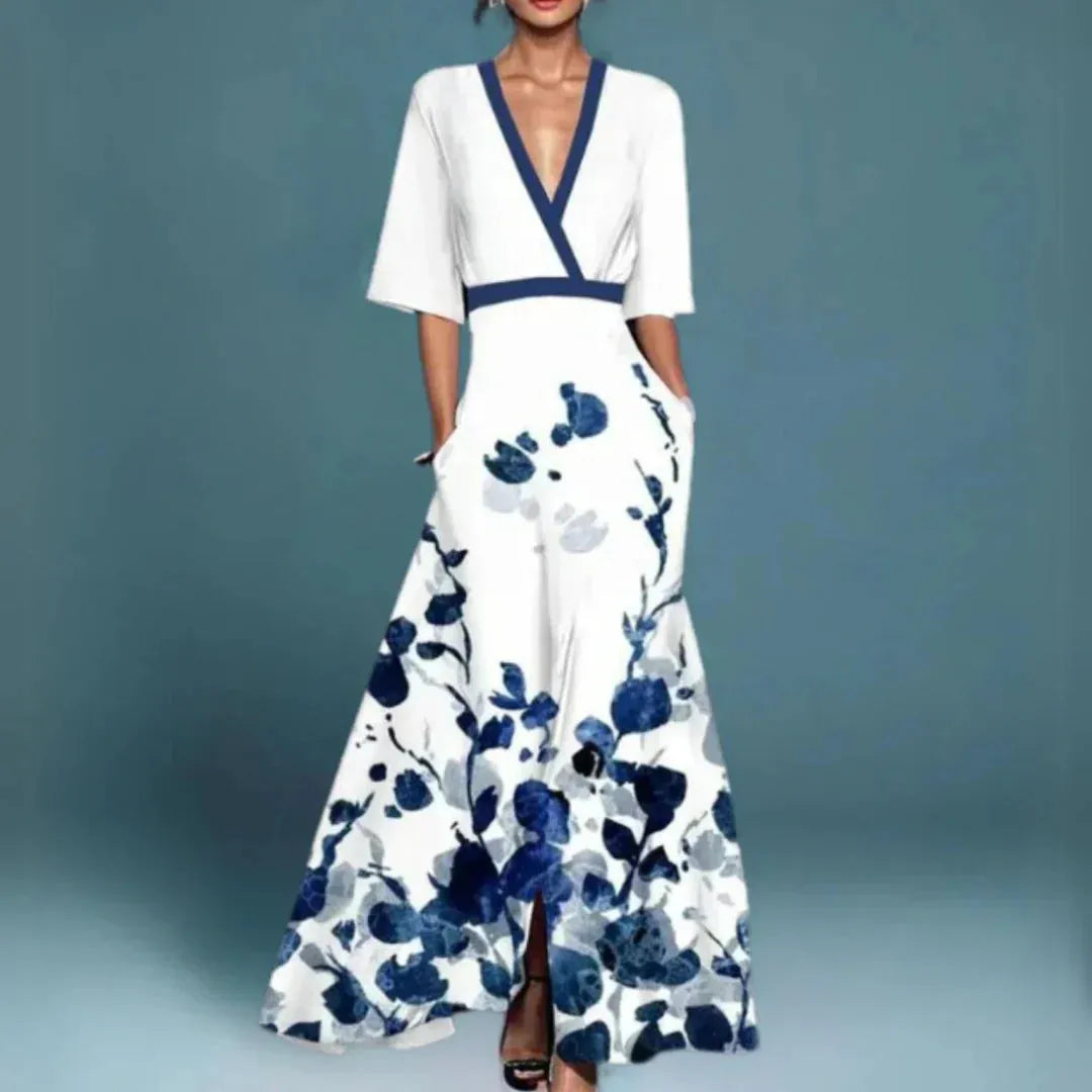 Women's Elegant Floral Maxi Wedding Guest Dress with V-Neck