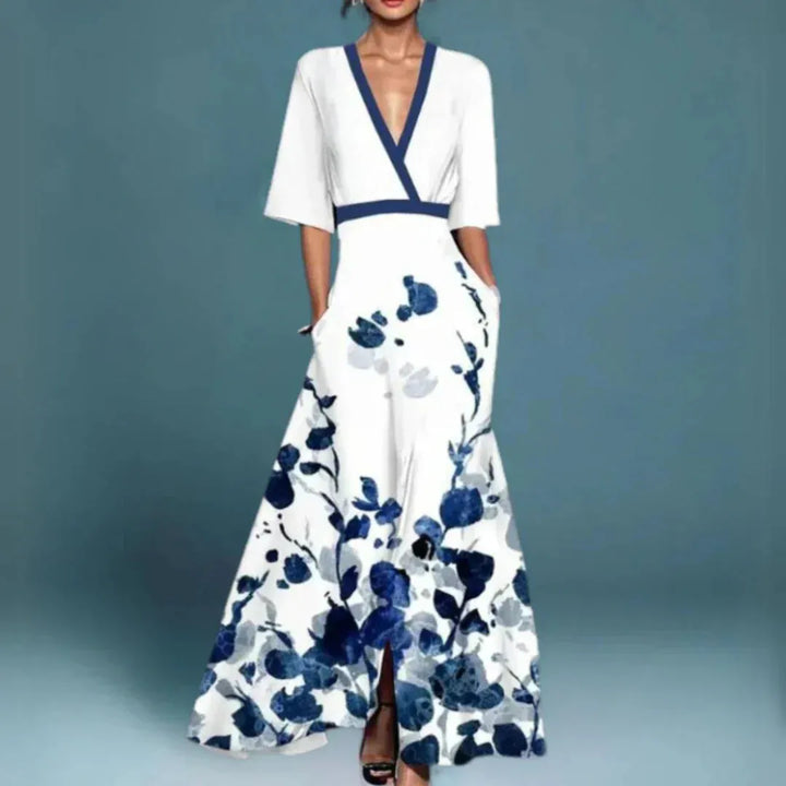Women's Elegant Floral Maxi Wedding Guest Dress with V-Neck