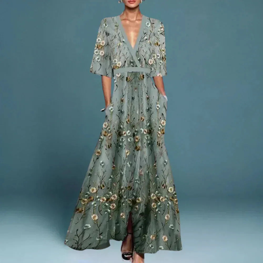 Women's Elegant Floral Maxi Wedding Guest Dress with V-Neck