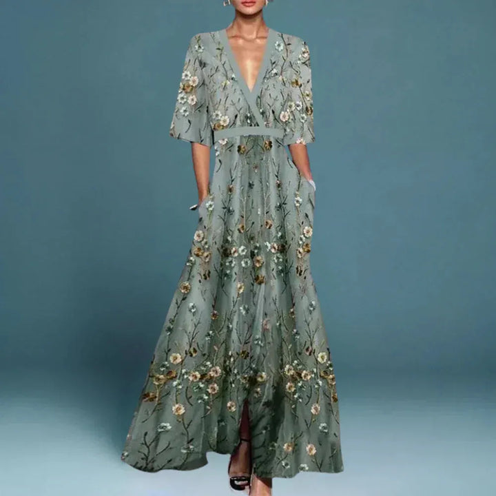 Women's Elegant Floral Maxi Wedding Guest Dress with V-Neck
