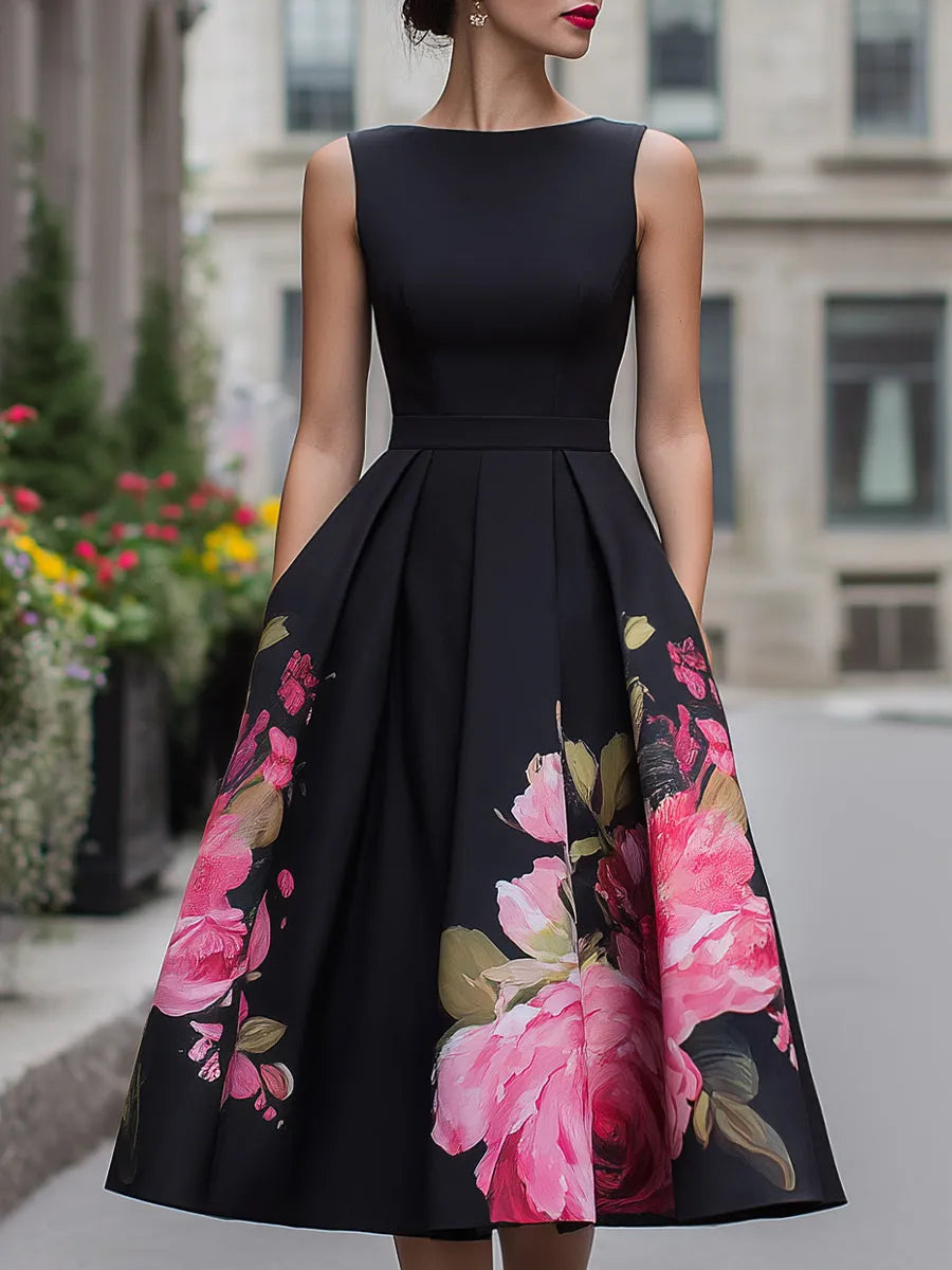 Women's Elegant Floral Midi Wedding Guest Dress with Boat Neck