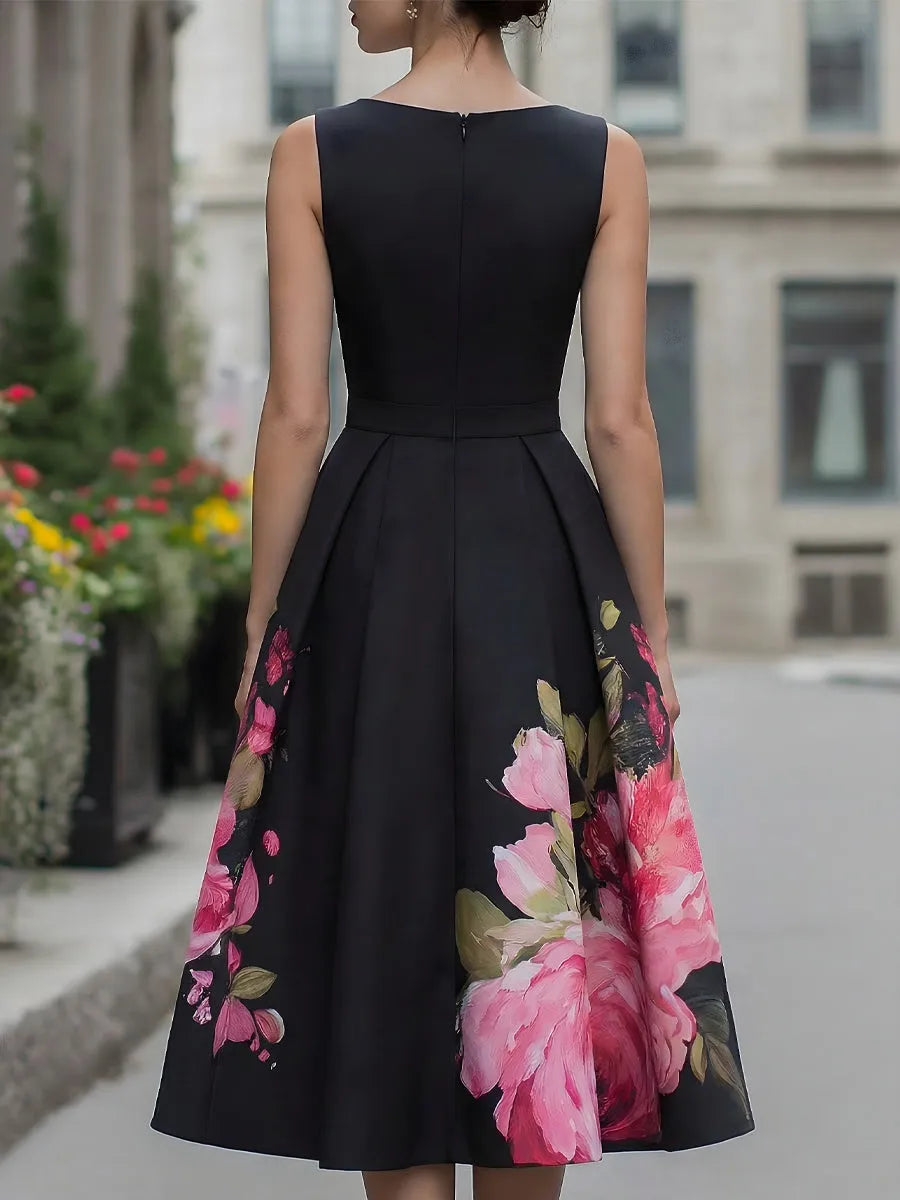 Women's Elegant Floral Midi Wedding Guest Dress with Boat Neck