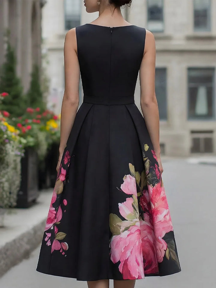 Women's Elegant Floral Midi Wedding Guest Dress with Boat Neck