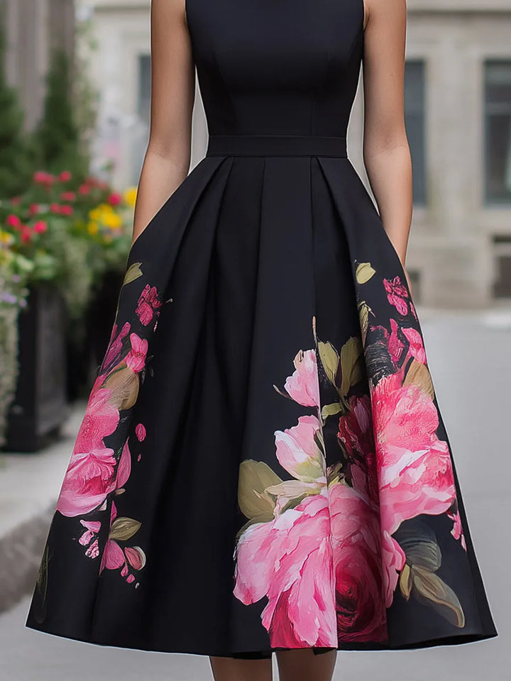 Women's Elegant Floral Midi Wedding Guest Dress with Boat Neck