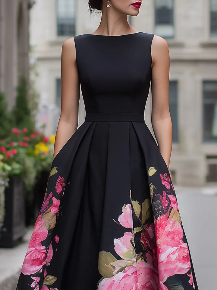 Women's Elegant Floral Midi Wedding Guest Dress with Boat Neck