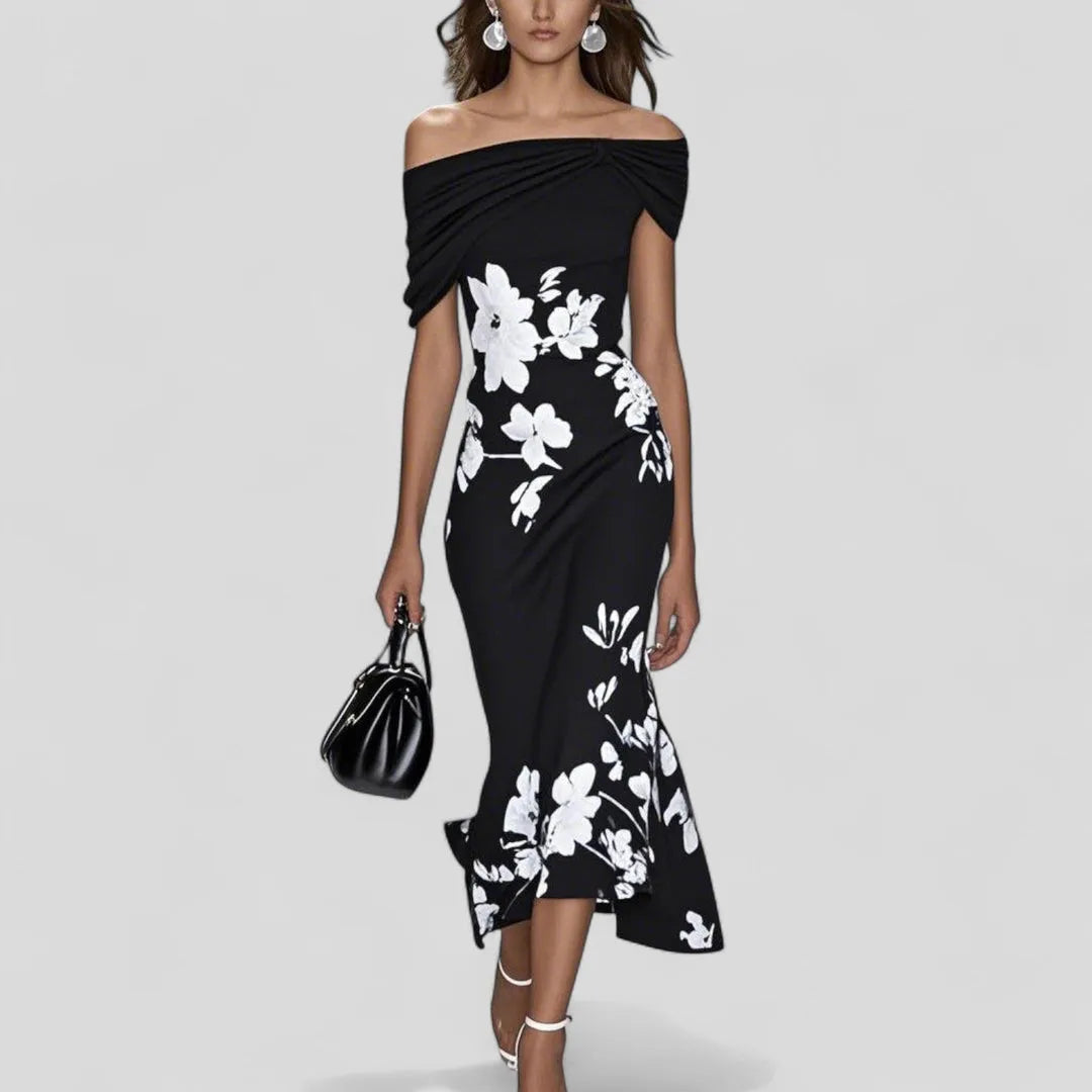 Women's Elegant Floral Midi Wedding Guest Dress with Slit