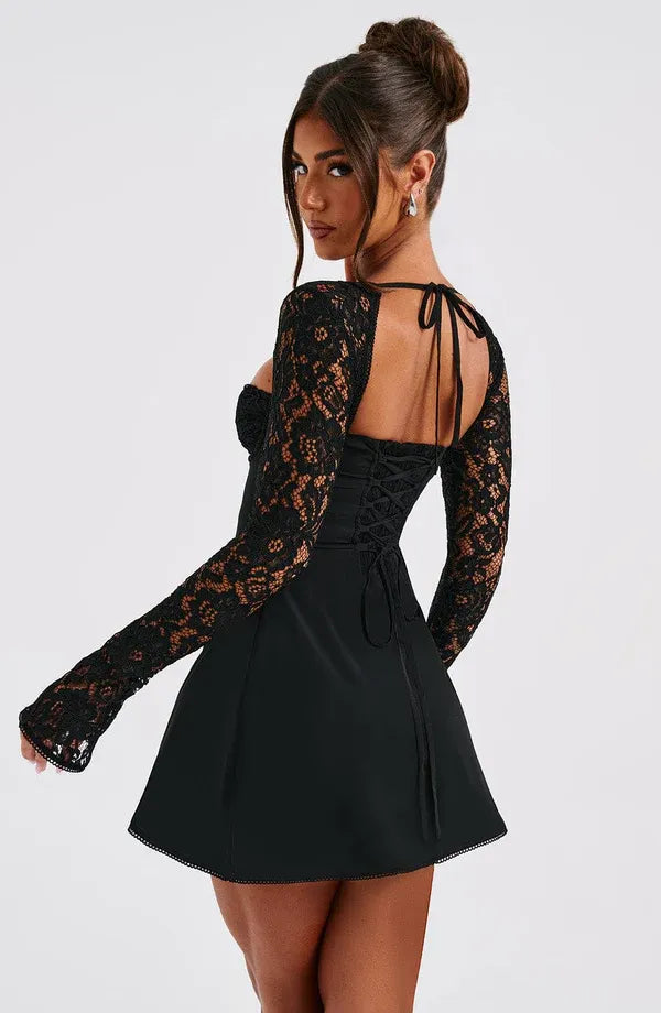 Women's Elegant Floral Mini Cocktail Dress with Long Sleeve and Tie Detail