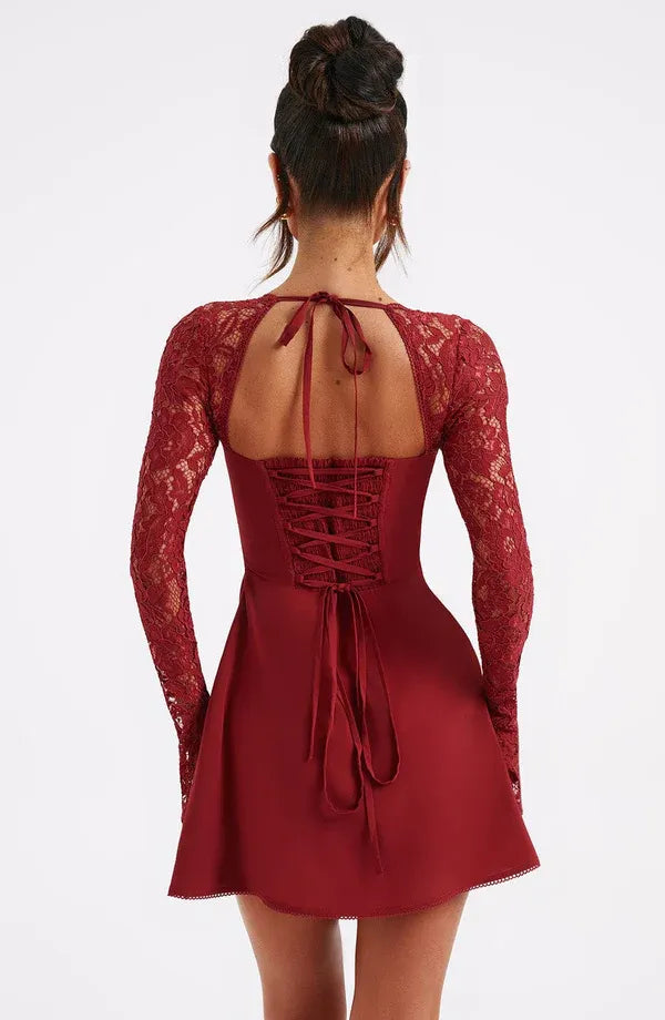 Women's Elegant Floral Mini Cocktail Dress with Long Sleeve and Tie Detail