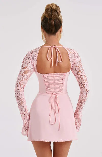 Women's Elegant Floral Mini Cocktail Dress with Long Sleeve and Tie Detail