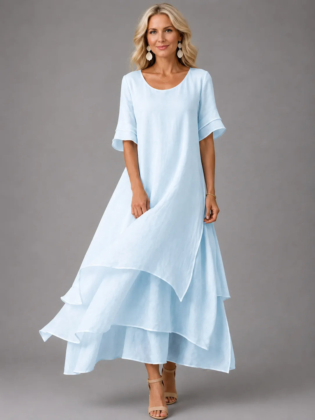 Women's Elegant Flowy Maxi Wedding Guest Dress with Bell Sleeve 