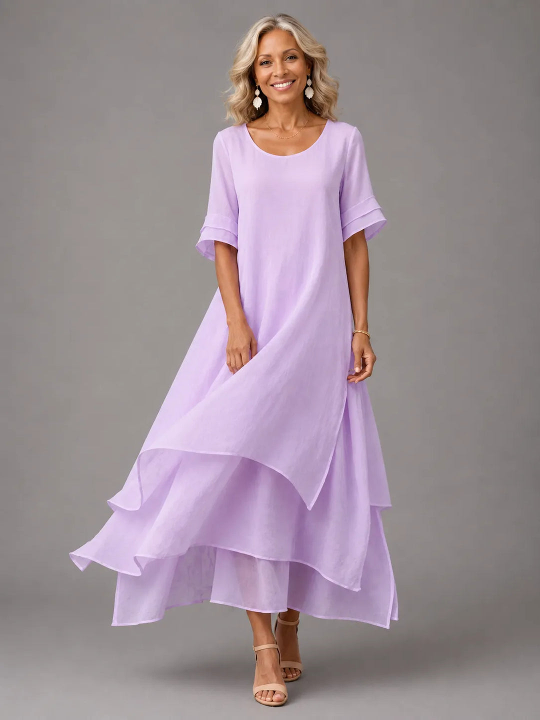 Women's Elegant Flowy Maxi Wedding Guest Dress with Bell Sleeve 