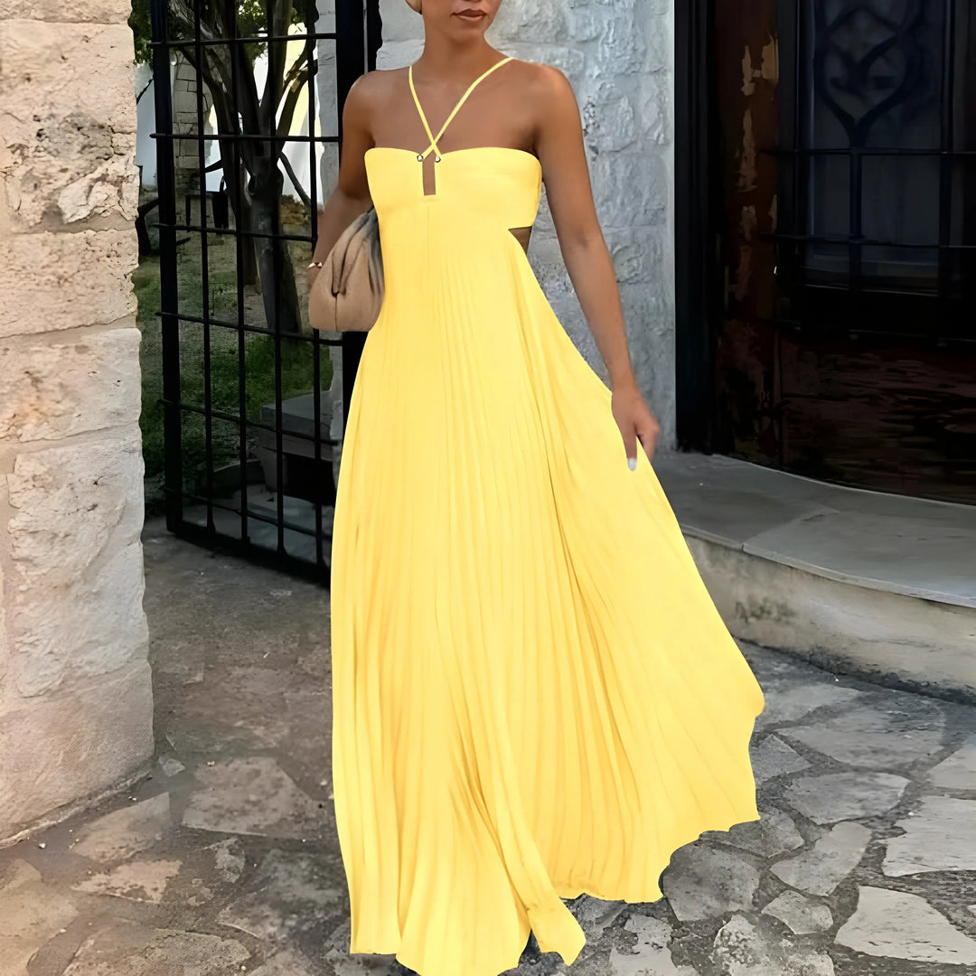 Women’s Elegant Flowy Maxi Wedding Guest Dress with Halter Neck