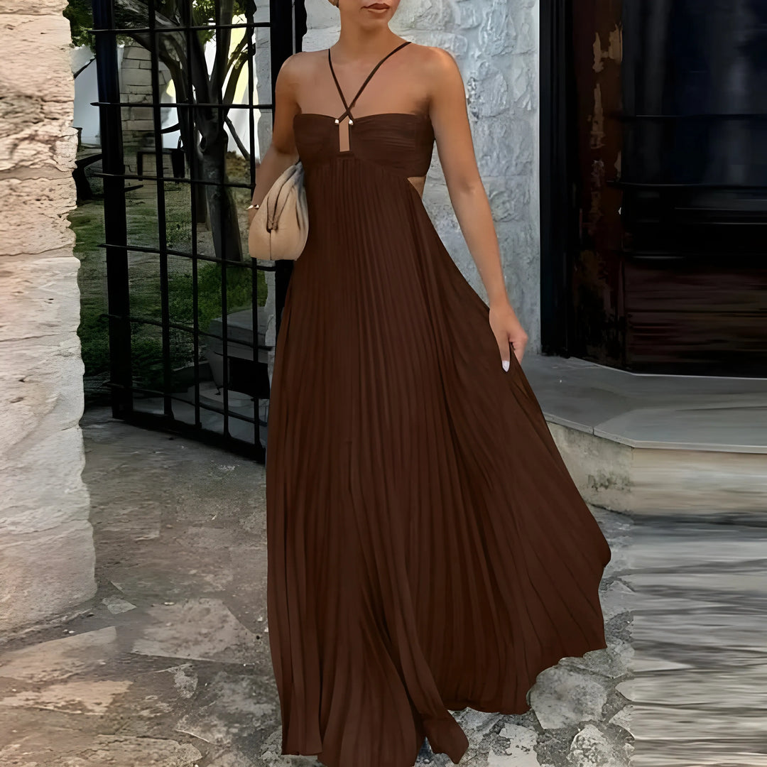 Women’s Elegant Flowy Maxi Wedding Guest Dress with Halter Neck