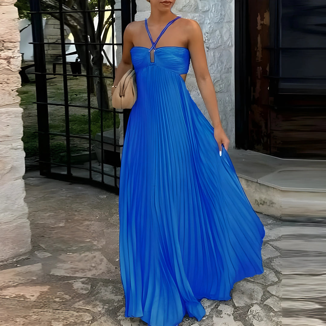 Women’s Elegant Flowy Maxi Wedding Guest Dress with Halter Neck