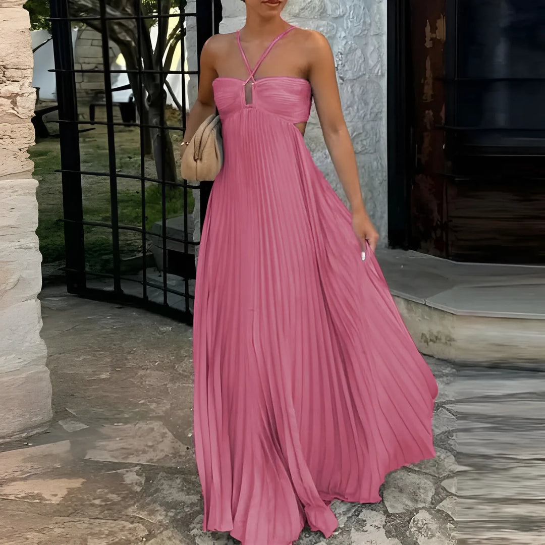 Women’s Elegant Flowy Maxi Wedding Guest Dress with Halter Neck