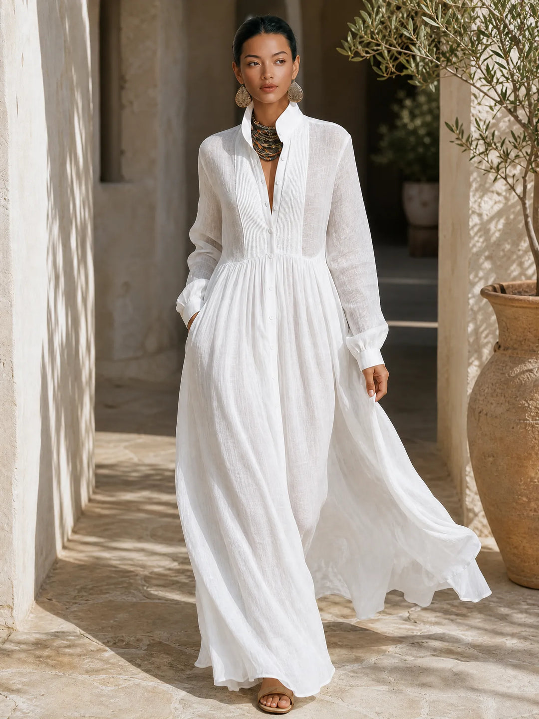 Women's Elegant Flowy Maxi Wedding Guest Dress with High Neck