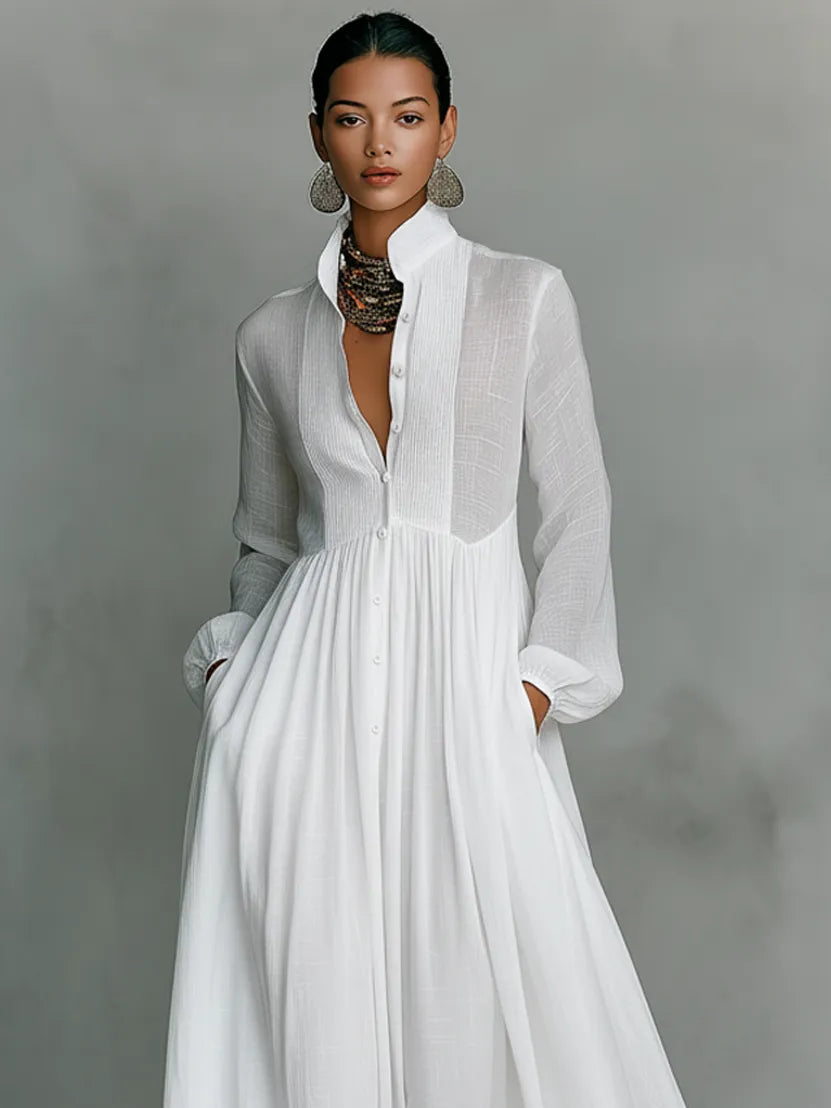 Women's Elegant Flowy Maxi Wedding Guest Dress with High Neck