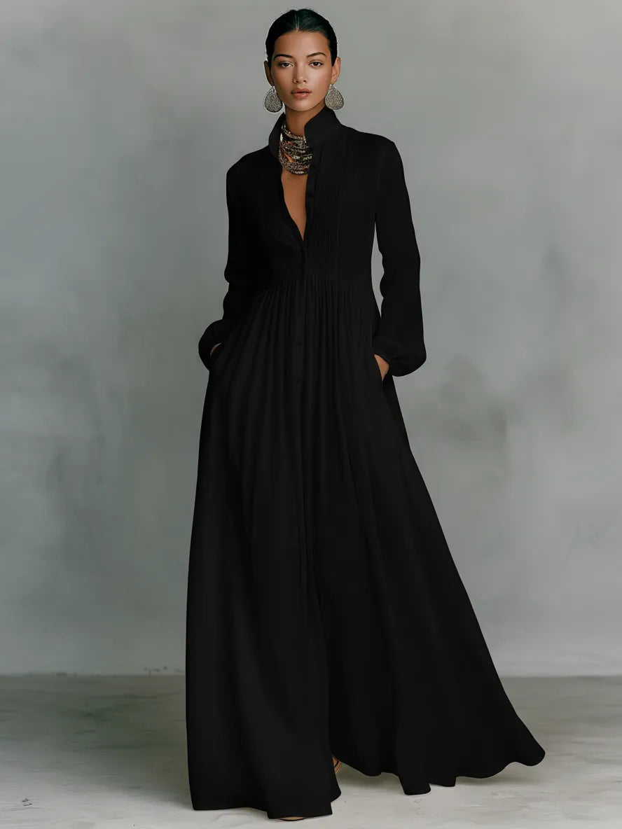Women's Elegant Flowy Maxi Wedding Guest Dress with High Neck