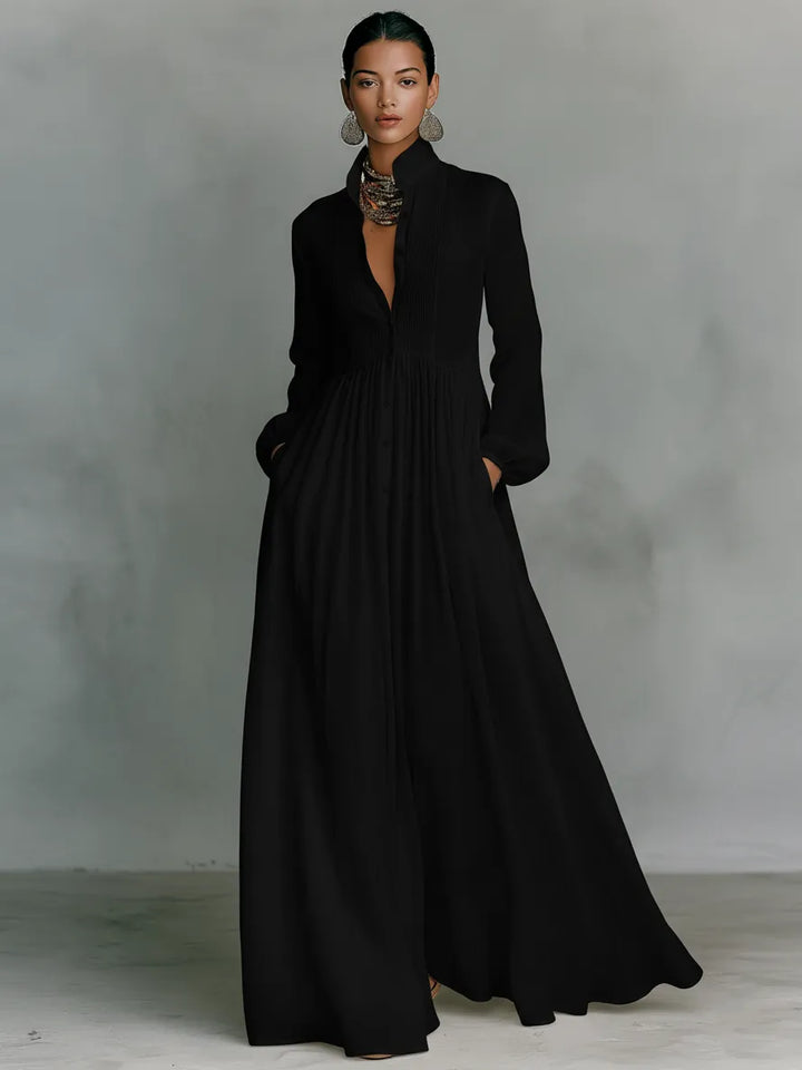 Women's Elegant Flowy Maxi Wedding Guest Dress with High Neck
