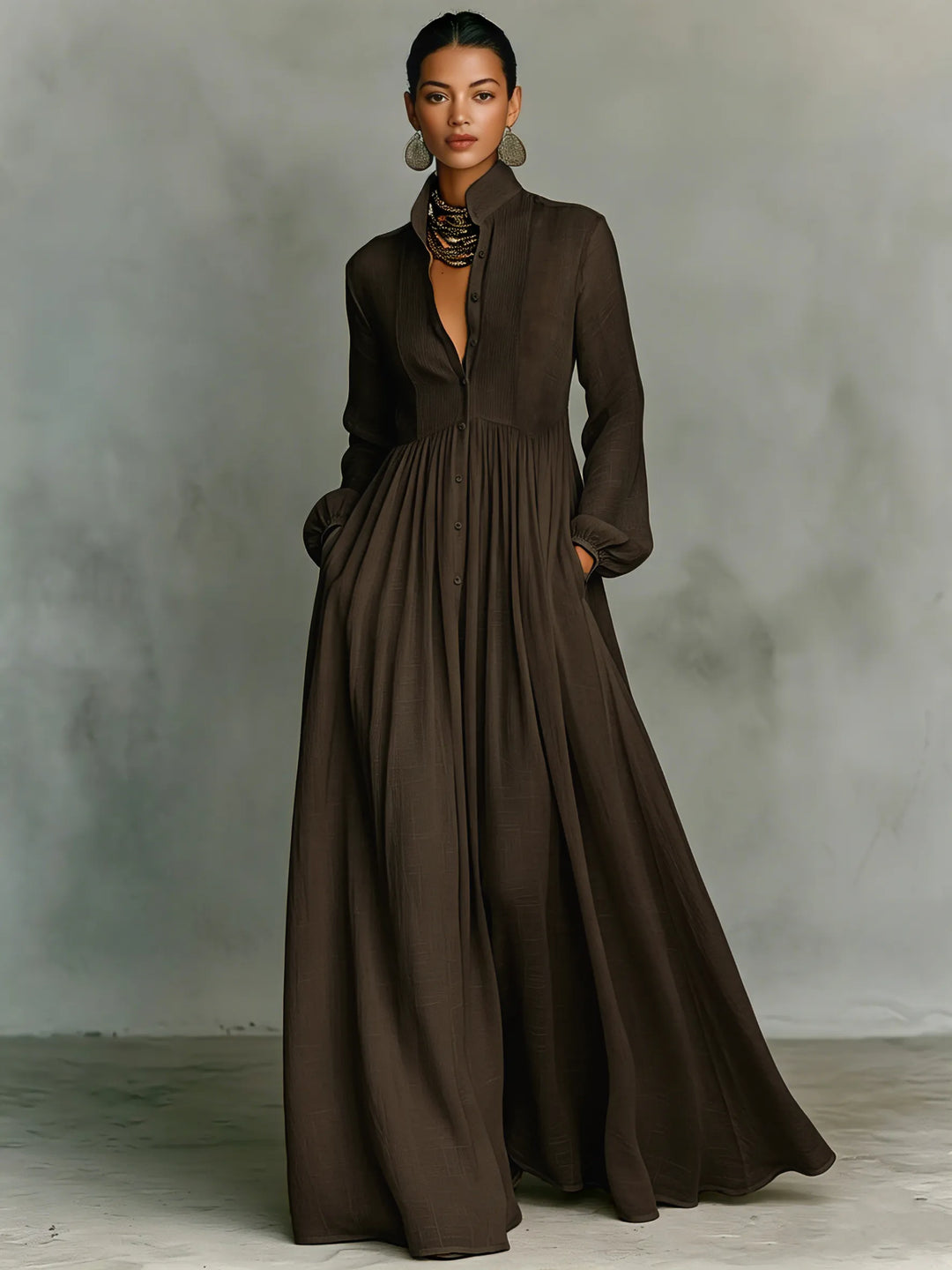 Women's Elegant Flowy Maxi Wedding Guest Dress with High Neck