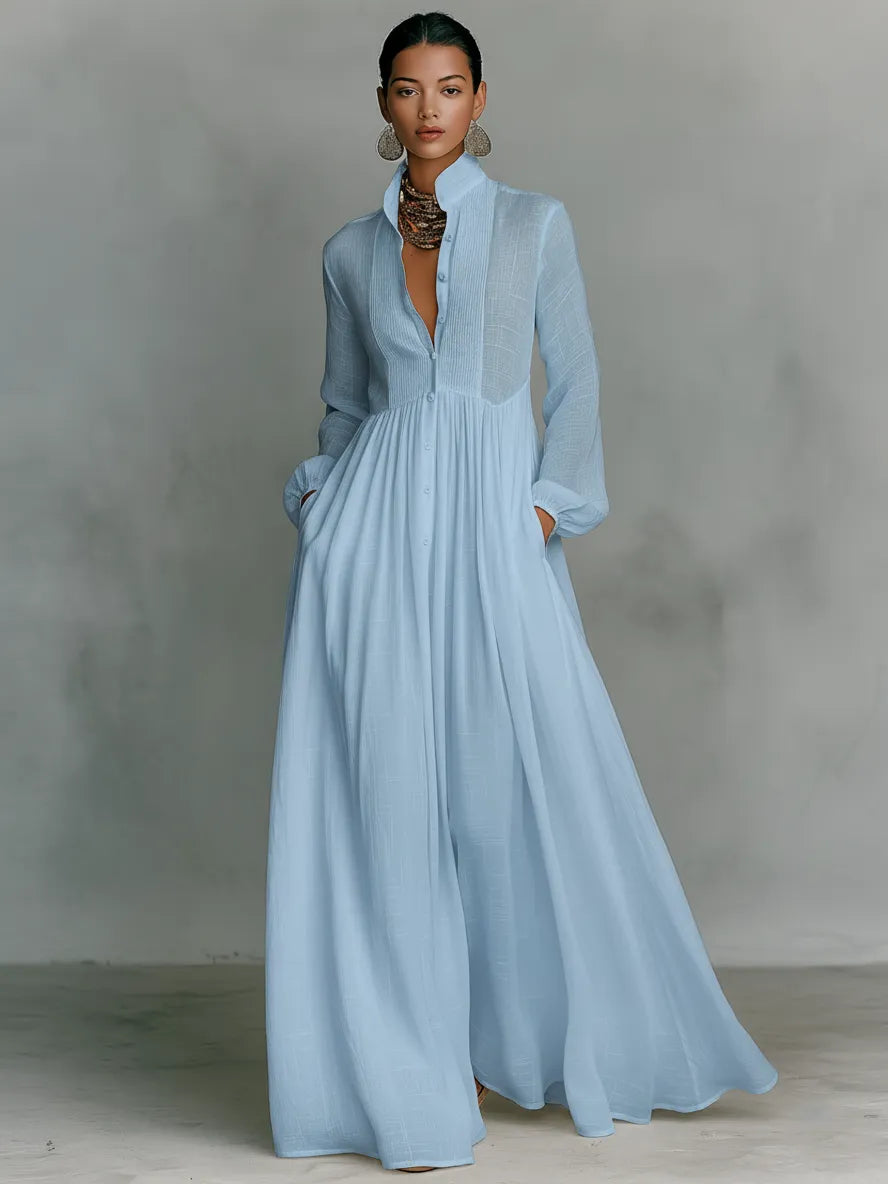 Women's Elegant Flowy Maxi Wedding Guest Dress with High Neck