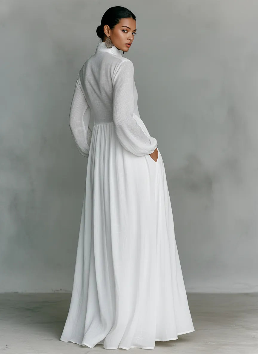 Women's Elegant Flowy Maxi Wedding Guest Dress with High Neck