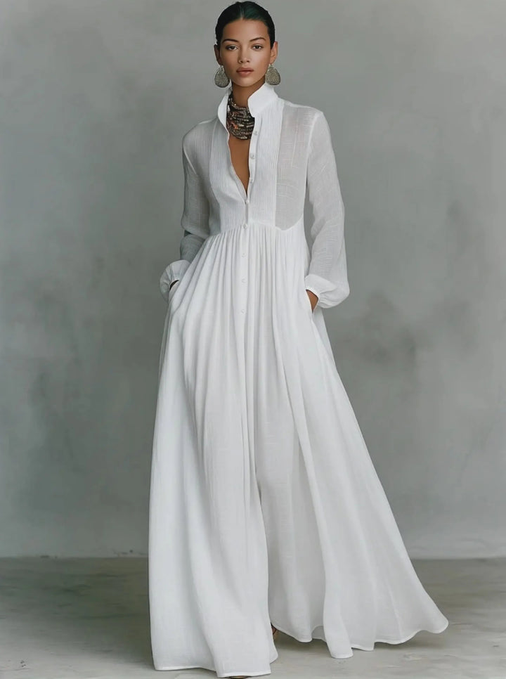 Women's Elegant Flowy Maxi Wedding Guest Dress with High Neck