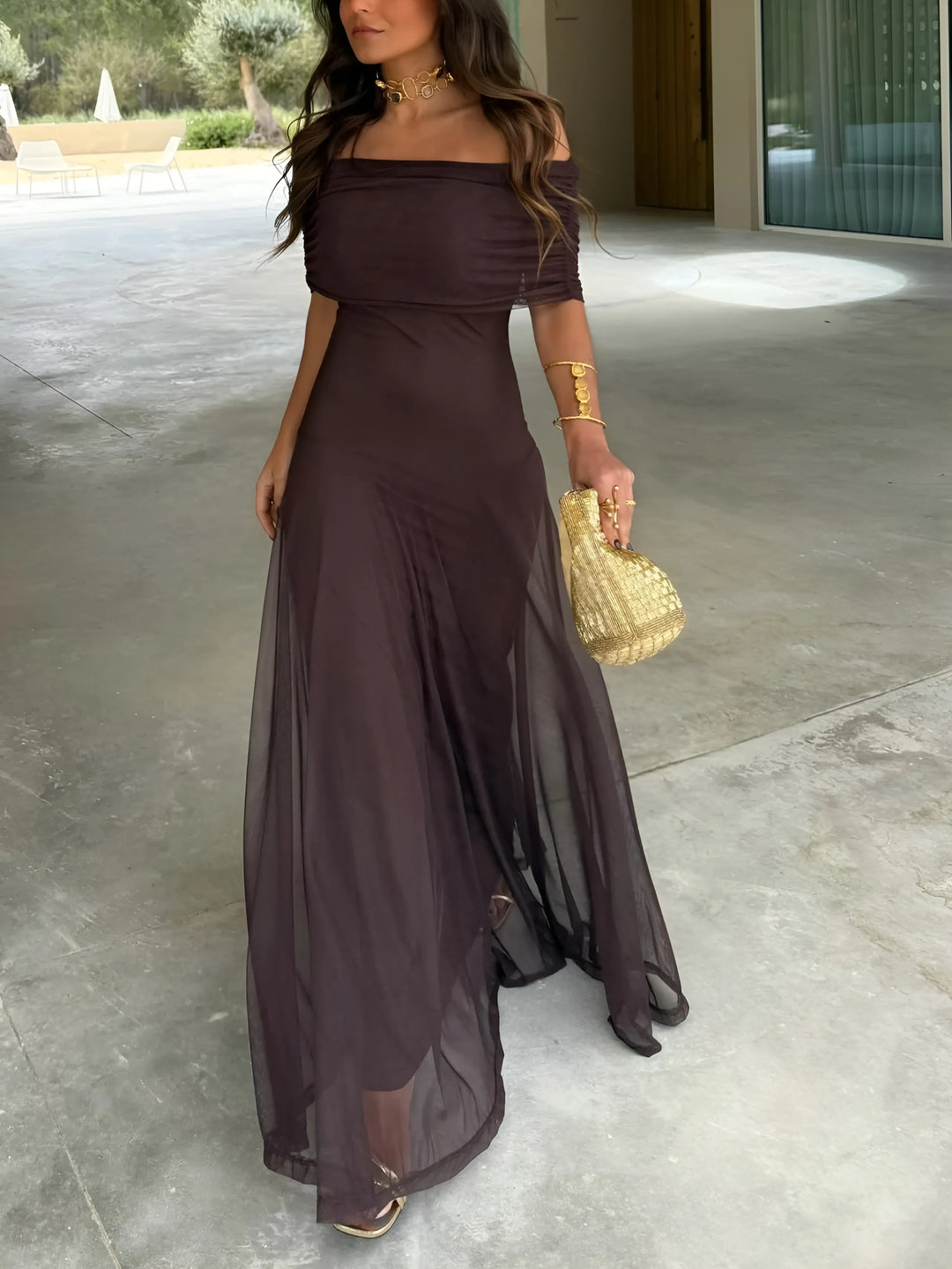 Women's Elegant Flowy Maxi Wedding Guest Dress with Off Shoulder