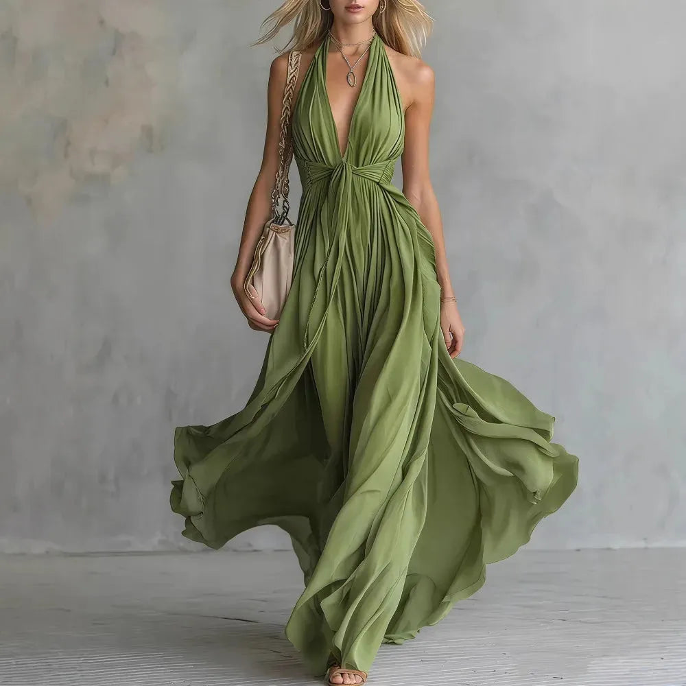 Women's Elegant Flowy Maxi Wedding Guest Dress with  Open Back