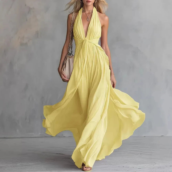 Women's Elegant Flowy Maxi Wedding Guest Dress with  Open Back