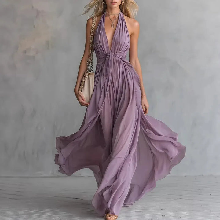 Women's Elegant Flowy Maxi Wedding Guest Dress with  Open Back