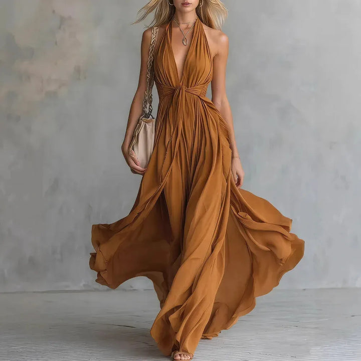 Women's Elegant Flowy Maxi Wedding Guest Dress with  Open Back