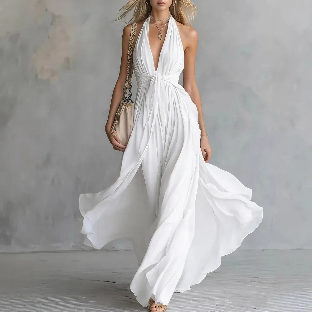 Women's Elegant Flowy Maxi Wedding Guest Dress with  Open Back
