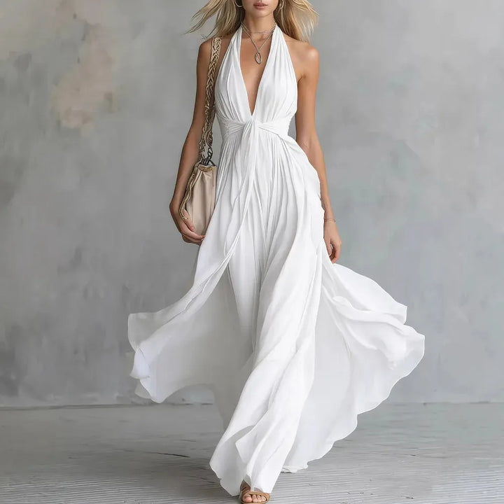 Women's Elegant Flowy Maxi Wedding Guest Dress with  Open Back