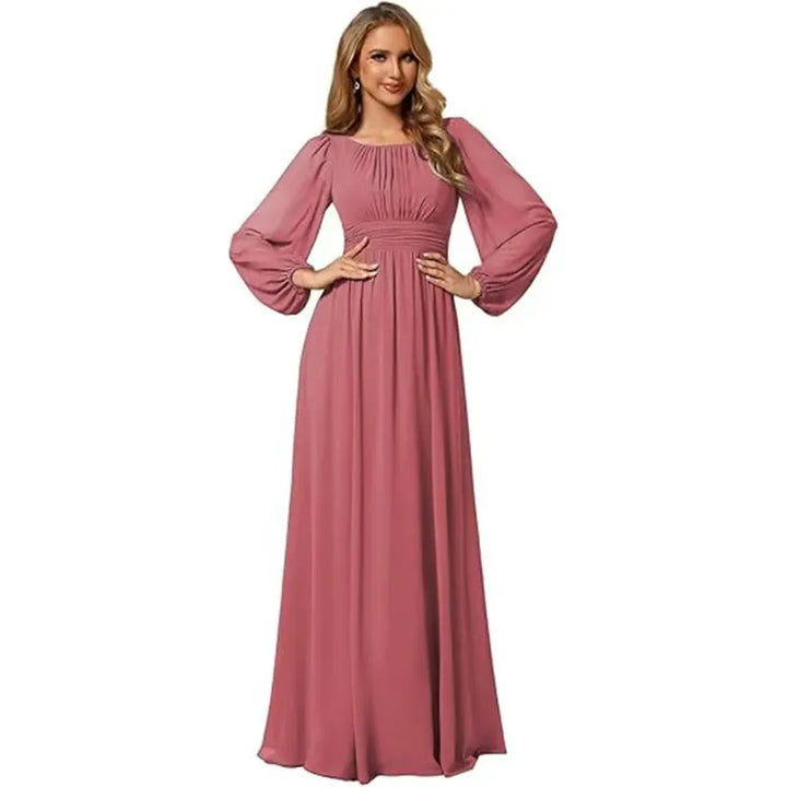 Women's Elegant Flowy Maxi Wedding Guest Dress with Puff Sleeve