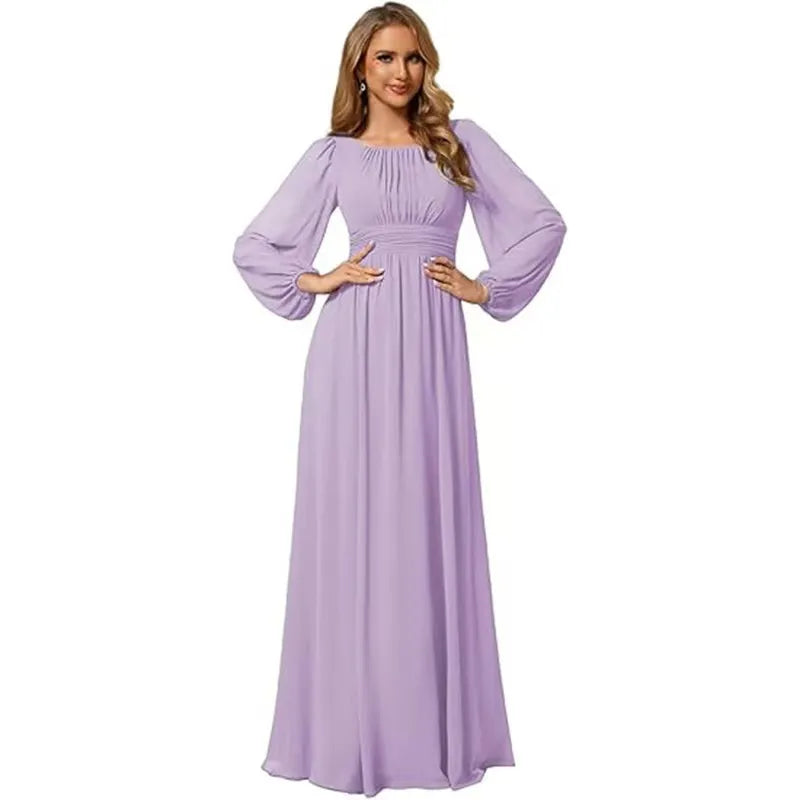 Women's Elegant Flowy Maxi Wedding Guest Dress with Puff Sleeve
