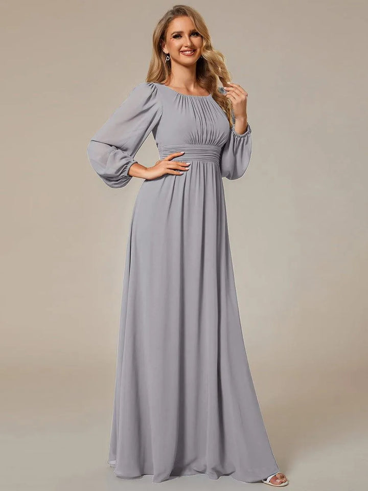 Women's Elegant Flowy Maxi Wedding Guest Dress with Puff Sleeve