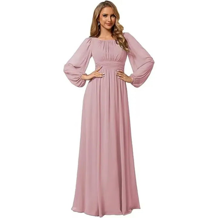 Women's Elegant Flowy Maxi Wedding Guest Dress with Puff Sleeve