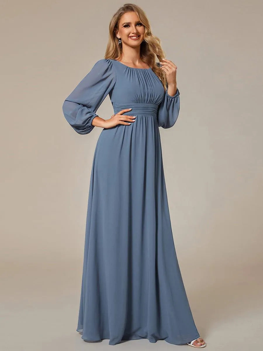Women's Elegant Flowy Maxi Wedding Guest Dress with Puff Sleeve