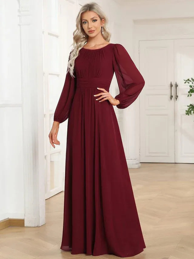 Women's Elegant Flowy Maxi Wedding Guest Dress with Puff Sleeve