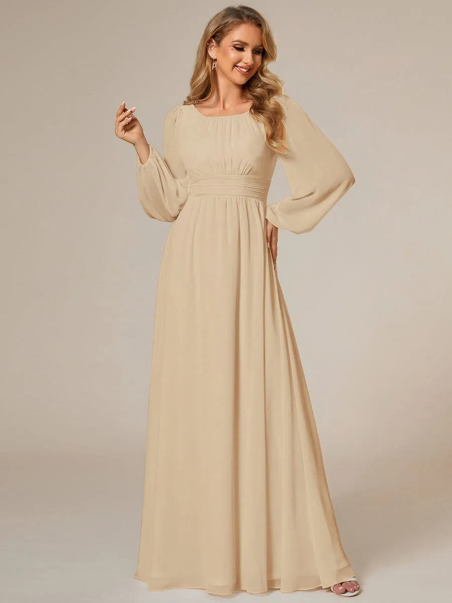 Women's Elegant Flowy Maxi Wedding Guest Dress with Puff Sleeve